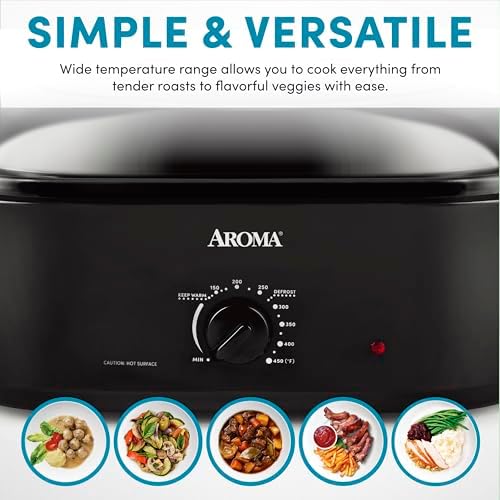 AROMA 18Qt. Roaster Oven with Self-Basting Lid, Fits 22-lb. Turkey, Adjustable Temperature Settings, Keep Warm Setting, Black (ART-718B)