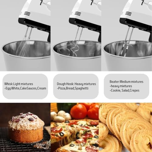 Stand Mixers, 7 Speeds With 3QT Stainless Steel Bowl, Stand and Hand Mixer with Dough Hook, Whisk, Mixing Beater for Baking, Cake, Cookie, Kneading (Silver)