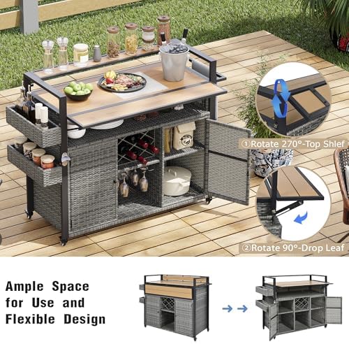YOPTO 52.8" W Wicker Outdoor Grill Cart with Extended Poly-Wood Table Top - Drop Leaf Design,7 Shelves & Wine Rack,Rolling Kitchen Island on Lockable Wheels,for Patio,Backyard,Poolside & Garden,Grey