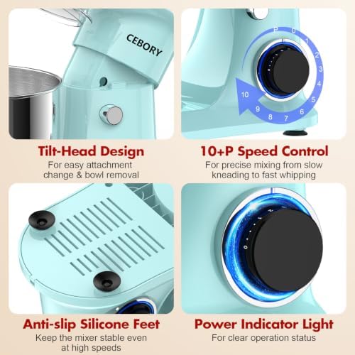 CEBORY Stand Mixer, 4QT 10+P-Speed Electric Kitchen Mixer with Bowl