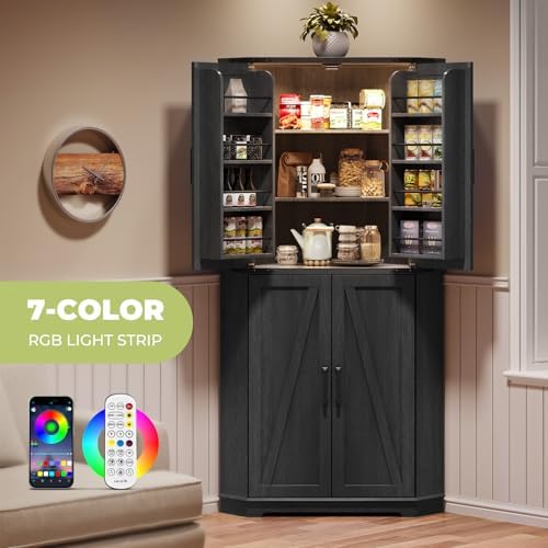 Dripex Tall Kitchen Pantry Cabinet with LED Light, 71" Corner Pantry Black