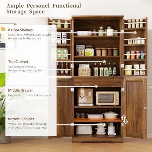 Shintenchi Kitchen Pantry Cabinet, Farmhouse Tall Cupboard, Rustic Brown