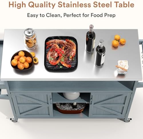 Zevemomo Outdoor Grill Cart with Storage, Lockable Casters, Gray-Blue