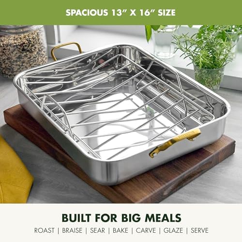 GreenPan Reserve 16” x 13” Tri-Ply Stainless Steel Roasting Pan with Rack