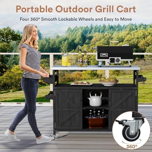 Zevemomo Outdoor Grill Cart with Storage, Lockable Casters, Black