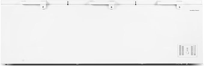 Hamilton Beach, 42.5 Cu. Ft. Chest Freezer- White, Garage Ready, TRIPLE door lid, Vinyl-Coated Baskets, Space-Saving Flat Back, Stay-Open, Front-Access Drain, for Storage, Hunting, Large Family