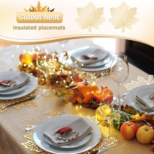 Ziliny 12 Pack Thanksgiving Maple Leaf Placemats, Fall Placemat, Gold