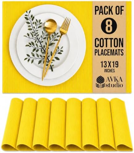 100% Cotton Ribbed Placemats - Set of 8-13 x 19 Inches - Yellow - Everyday/Thanksgiving/Fall Thick Construction Fabric Table Mats - Washable Reusable Cloth Place Mats - by AVKA Studio
