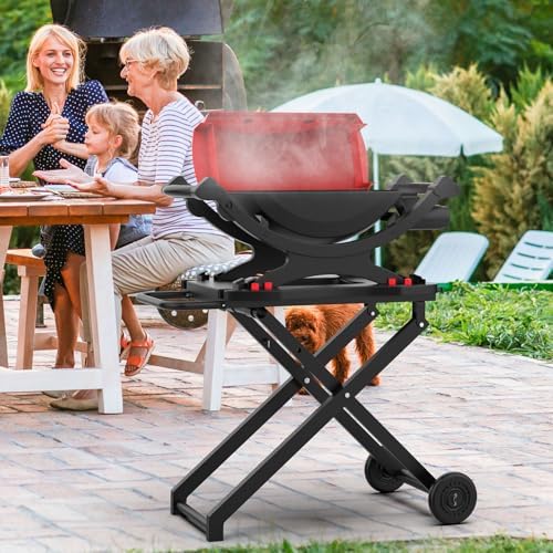 Grill Stand for Weber Q Grill Cart, BBQ Portable Grill Table for Weber Q1200 Q1000 Q2000 Q1400, Heavy-duty Trolley Collapsible Dining Table for Outdoor Camping BBQ Cooking Tailgating, Black, 2 Wheels