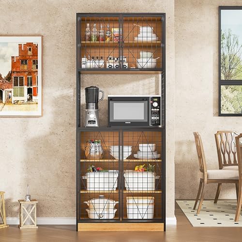 VECELO 72in Tall Kitchen Pantry Cabinet Set of 2 with Doors and Shelves, Large Freestanding Storage Cupboard with Countertop Hutch, Oak