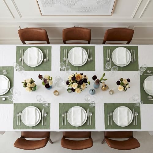 Solino Home 100% Pure Linen Placemats Oil Green, Fete 14 x 19 in, Set of 4