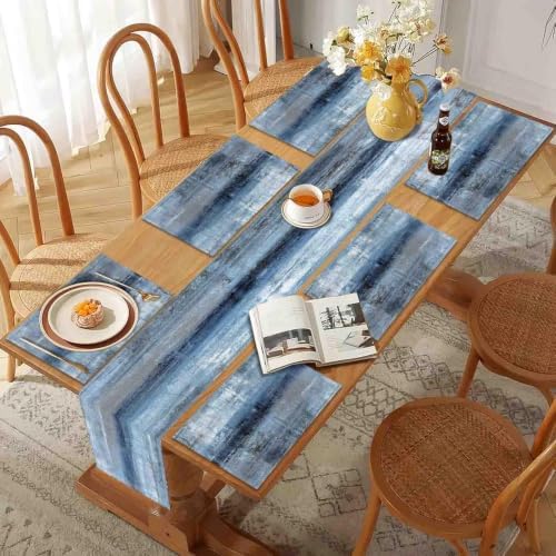 Mcalk Dark Blue Table Runner and Placemats Set of 6 Pieces, Blue Placemat, Cloth Place Mats Indoor for Kitchen, Washable Abstract Placemats Linen Material for Dining Table