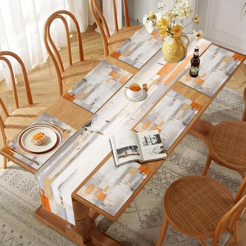 Mcalk Orange Table Runner and Placemats Set of 6, Abstract Grey Placemats, Modern Cloth Place Mats Indoor for Kitchen,Washable Linen Material for Dining Table