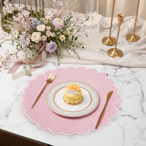 Set of 12 Pink Cotton Placemats 15" Round Scalloped White