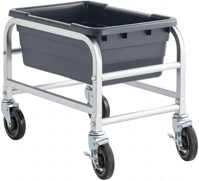 16"x26"x19" Mobile Aluminum Lug Rack with Grey Meat Lug Tote Box - NSF Heavy-Duty 1 Lug Capacity Food Storage Cart with 5" Swivel Casters, Freezer Safe, Commercial Cart for Seafood, Ingredients