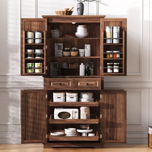 Merax 71" Tall Farmhouse Pantry Cabinet with Pull-Out Shelves, Brown