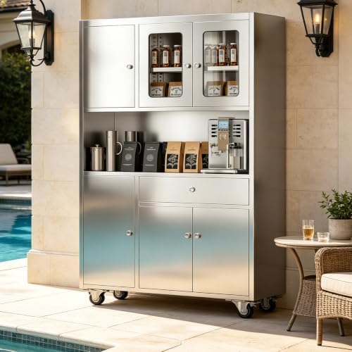 Stainless Steel Kitchen Pantry Cabinet with Drawer and Adjustable Shelves
