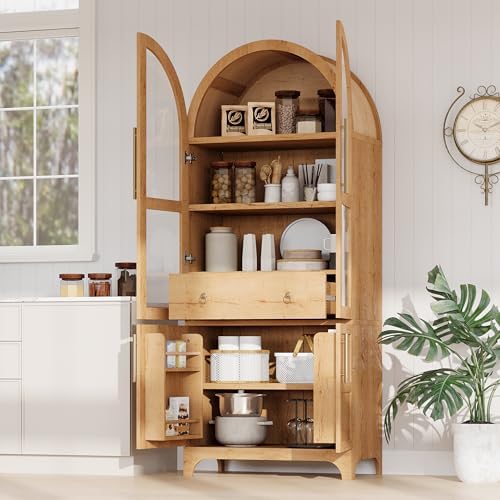 Merax 71" Farmhouse Arched Pantry Cabinet with Glass Doors & Hidden Drawer, Adjustable Shelves Storage Cupboard for Kitchen/Dining Room, Natural