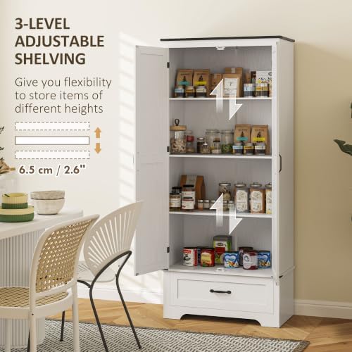 HOMCOM 72" Tall Kitchen Pantry Cabinet with Drawer, Distressed White