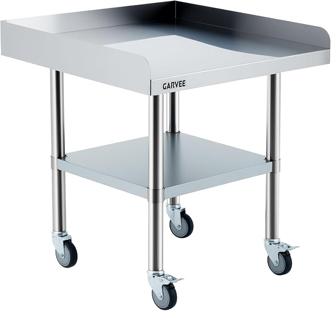 Garvee Stainless Steel Work Table, 30x36x26 Inch Commercial Food Prep Worktable with Wheels, Fixed 3-Sided Backsplash & Height-Adjustable Shelf, Heavy Duty Workbench for Kitchen Restaurant Garage