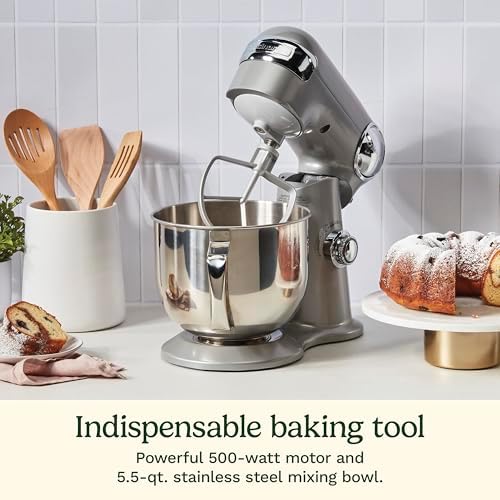 Cuisinart Stand Mixer, 12 Speeds, 5.5-Quart Mixing Bowl, Chef's Whisk, Flat Mixing Paddle, Dough Hook, and Splash Guard with Pour Spout, Silver Lining, SM-50BCNAS, Silver Lining