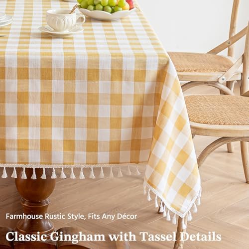 Alsoo Yellow Checkered Tablecloth Square, Fall Cotton Linen Fabric Gingham Table Cloth Buffalo Plaid Table Cover with Tassel Wrinkle Free Washable for Kitchen Dining Picnic, 55X55''