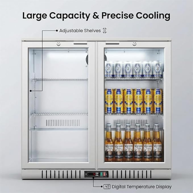 BODEGA BODEGACOOLER Back Bar Cooler With 2 Glass Doors,7.4 Cu.Ft Stainless Steel Commercial Back Bar Fridgewith LED Lighting,Counter Height Bar Beverage Cooler for Beer,Soda Drinks,Wine