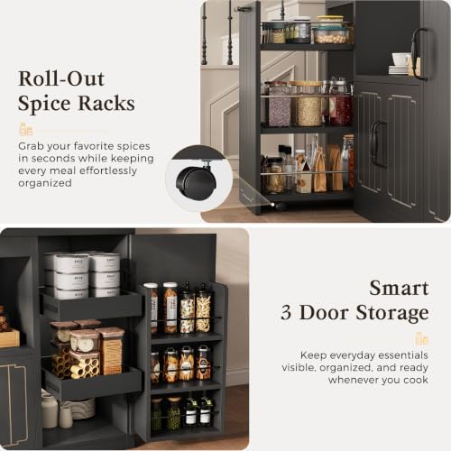 Fluted Kitchen Pantry Cabinet with Charging Station & LED Light, 47" Wide Kitchen Pantry Storage Cabinet with Countertop, Microwave & Appliance Storage, Food Pantry Cabinet for Dining Room ,Black