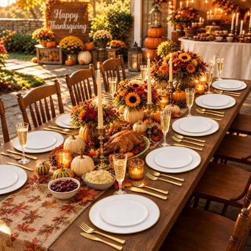 KIRE 175PCS Gold Plates Disposable - Heavy Duty White and Gold Plastic Plates Dinnerware Sets - 25 for Dinner 25 for Dessert 25 Pre Rolled Napkins and 25 Cups for Wedding/Party/Halloween/Thanksgiving