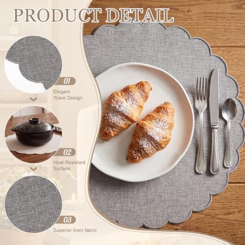 Set of 12 Gray Cotton Placemats 15" Round Scalloped