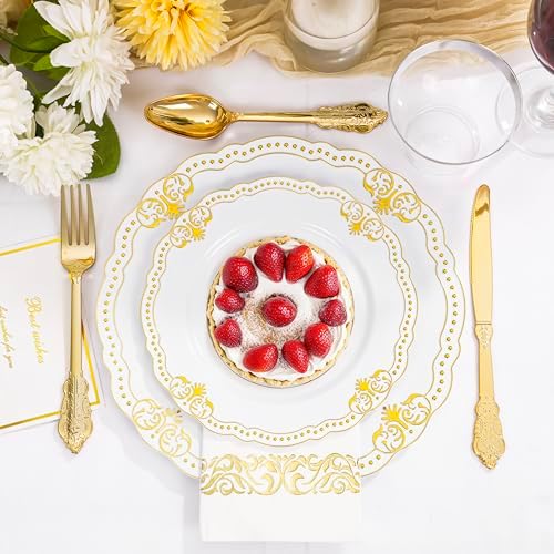 Ciaell 175 Piece White and Gold Plastic Plates for Weddings Parties