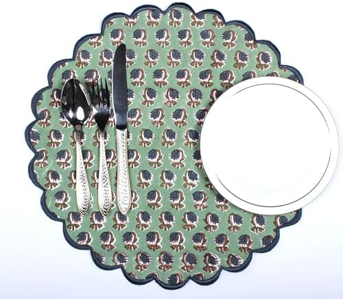 Ridhi Floral Block Print Round Placemats 15 Inch, Set of 4, Basil Green