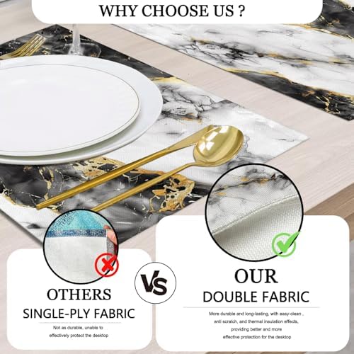 Mcalk Black Marble Table Runner and Placemats Set of 6, Marble Print Placemats, Modern Cloth Place Mats Indoor for Kitchen,Washable Linen Material for Dining Table