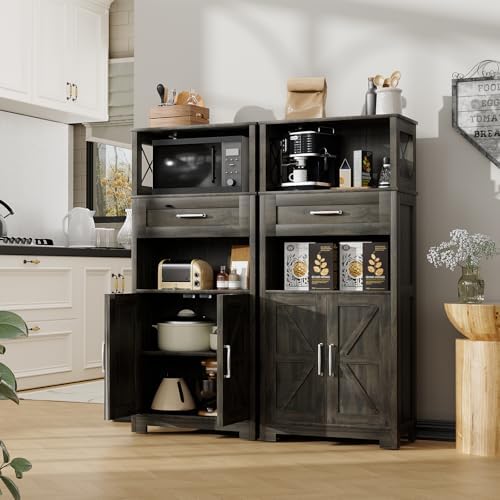 kepptory 55" Tall Kitchen Pantry, Farmhouse Storage Cabinet with Doors, Shelves and Drawer, Rustic Wood Cupboard for Kitchen, Dining Room