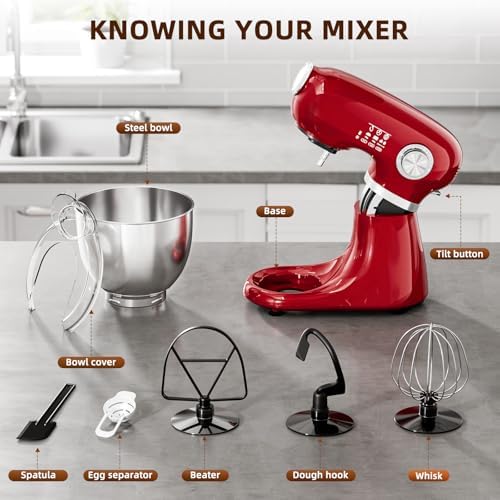 COWSAR Stand Mixer, 12 Speeds Tilt-Head Electric Commercial Stand Mixer, 3-In-1 Kitchen Mixer with Bowl, Dough Hook, Whisk and Beater, Red