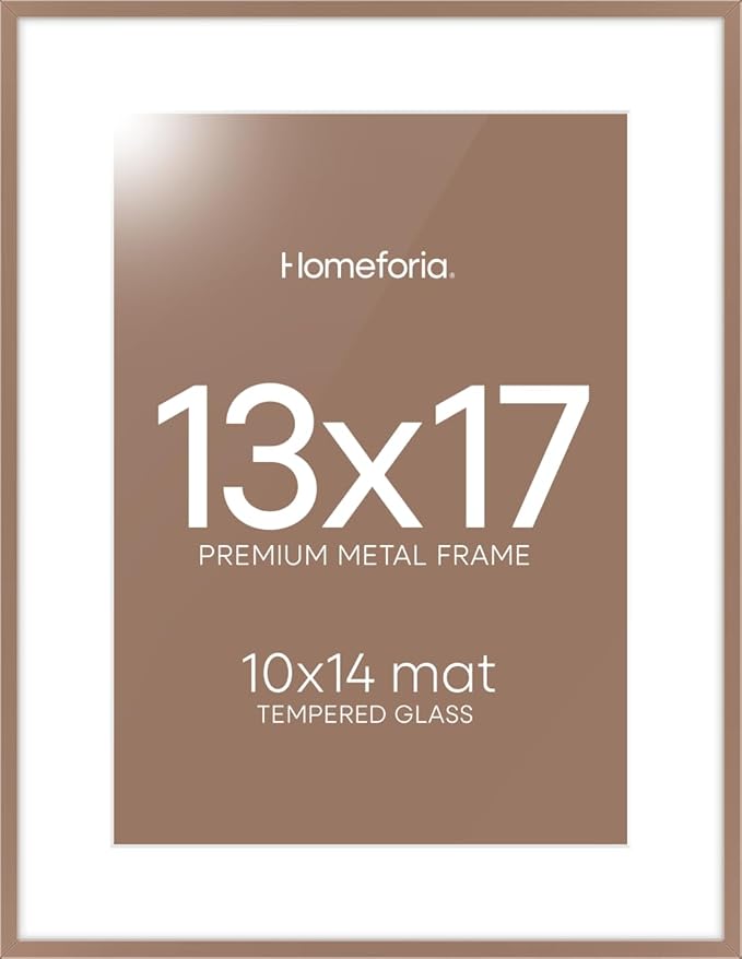 Homeforia 13x17 Picture Frame Mocha, High End Metal 13x17 Poster Frames with Mat 10x14 Photo, 13 x 17 Mocha Frame Matted to 10 by 14 Print, 17by13 Thin Hanging Frames, Tempered Glass, Wall Kit, Set of 1