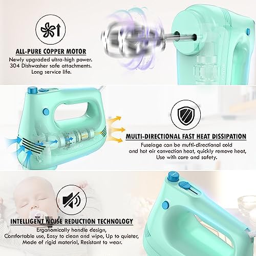 GUALIU Electric Hand Mixer, 304*(2* Beaters, 2* Dough Hooks), (1* Storage Bag) Handheld Mixer for Baking Cakes, Eggs, Cream Food Mixers, Turbo Boost /5 Speed Kitchen Blender GREEN