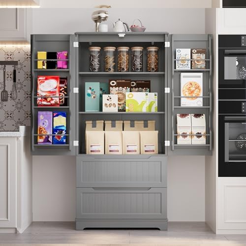Gizoon 63" Kitchen Pantry Cabinet with Drawers for Dining Room, Gray