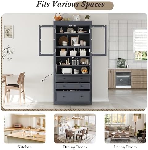 Merax 78 Inch Extra-Tall Freestanding Kitchen Pantry Storage Cabinet, Multifunctional Cupboard with 3 Drawers, Adjustable Shelves & Power Outlet Drop-Down Surface for Dining and Living Room, Grey