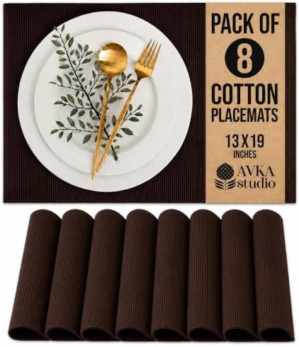 100% Cotton Ribbed Placemats - Set of 8-13 x 19 Inches - Brown - Everyday/Thanksgiving/Fall Cloth Table Mats - Thick Construction, Washable & Reusable Cloth Place Mats - by AVKA Studio
