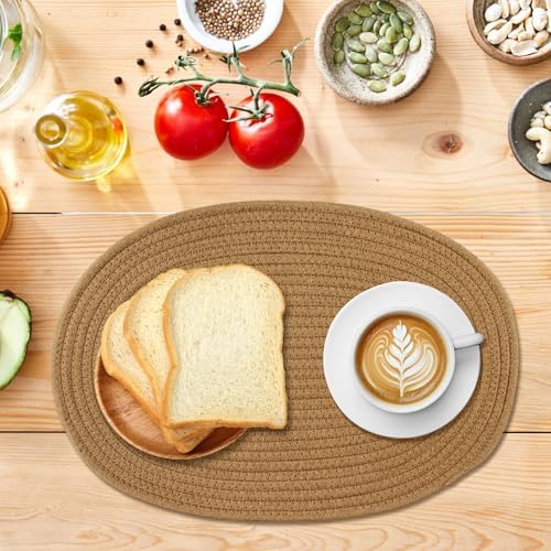 Oval Woven Placemats Set of 8 Heat Resistant Placemats 17.5 x 12 Inches Farmhouse Cotton Rope Place Mats for Dining Tables Trivets for Hot Dishes, Mixed Brown