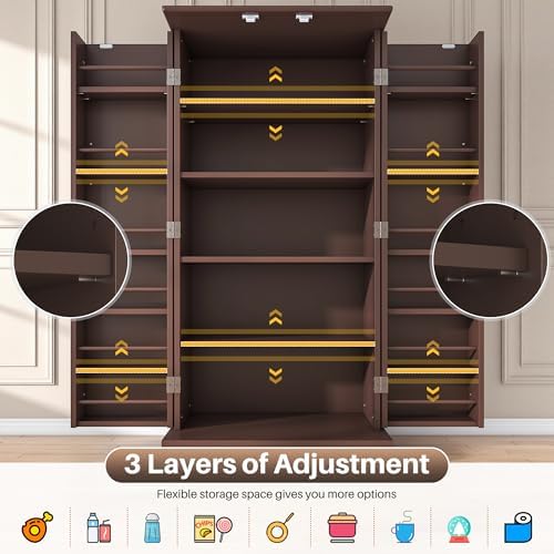 kepptory 47" Kitchen Pantry Cabinet with Doors and Adjustable Shelves, Freestanding Pantry Storage Cabinet, Farmhouse Buffet Cupboard for Kitchen, Dining Room, Living Room, Brown