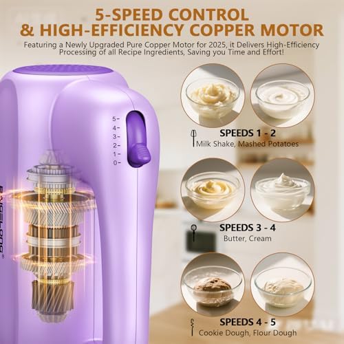 BAIGELONG Hand Electric Mixer, 5-Speed KitchenMixer with 5 * 304 Stainless Steel Attachments + Storage Base, Food Handheld Mixer for Baking, Whipping Cream, Cake Mixing, Purple