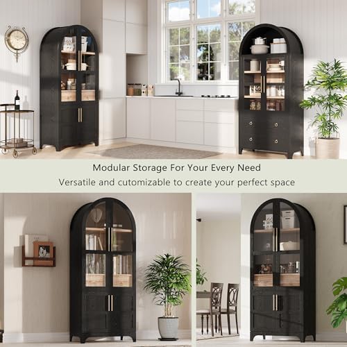 Merax 71" Farmhouse Arched Pantry Cabinet with Glass Doors & Hidden Drawer, Adjustable Shelves Storage Cupboard for Kitchen/Dining Room, Black