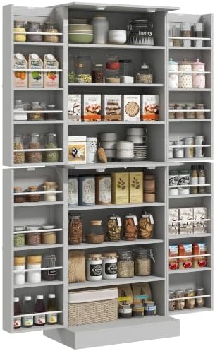 HOMCOM 65" Kitchen Pantry Storage Cabinet 16 Door Shelves Gray