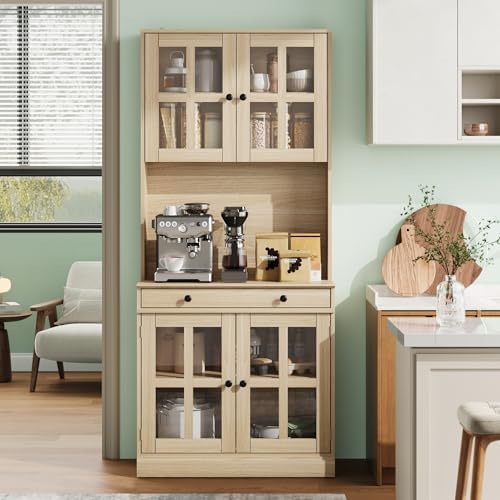 IDEAHOUSE 72" Kitchen Pantry Cabinet with Glass Doors & Drawer, Wood