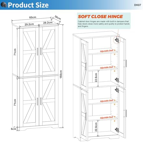 Farmhouse Storage Cabinet with 4 Door, Kitchen Pantry Storage with 4 Adjustable Shelves Wooden Cupboard for Kitchen, Dining Room, Living Room, Bathroom (White)