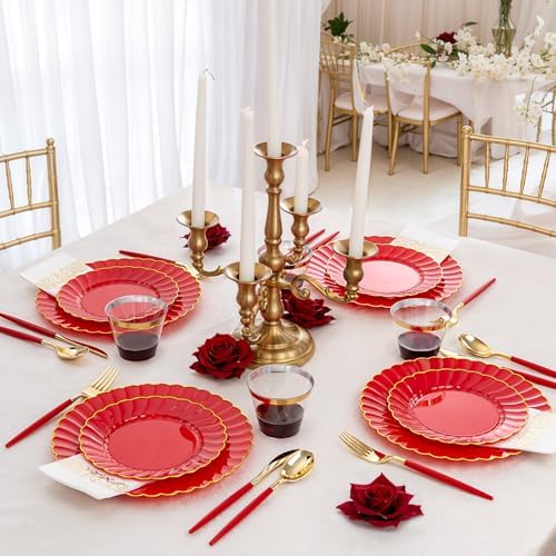 Ciaell 175 Piece Red and Gold Plastic Plates for Weddings Parties
