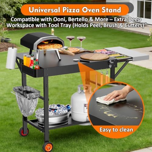 Pizza Oven Table for Ooni, Ninja & Blackstone, Wheeled Grill Cart