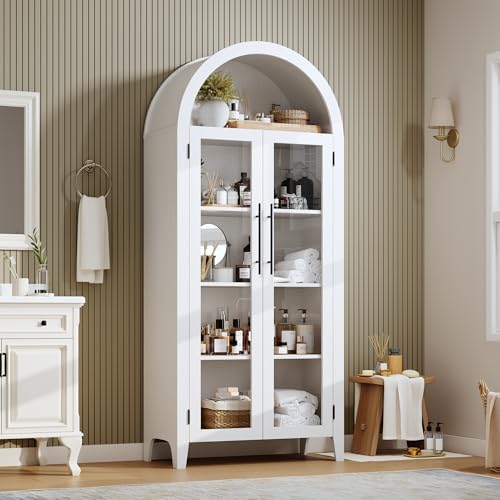 GarveeHome Arched Kitchen Pantry Storage Cabinet - Farmhouse 5 Tier Display Shelf with Adjustable Shelf and 2 Large Glass Doors, Versatile Cupboard for Kitchen, Dining Room, Living Room, White